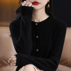 一线成衣羊毛针织开衫女士镂空显瘦外套春秋外套圆领长袖宽松上衣