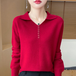 春秋装翻领Polo针织打底衫年新款时尚纯色薄款长袖毛衣女