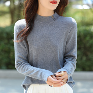 春秋新款精纺羊毛半高领针织衫女镶钻打底衫纯色修身显瘦上衣