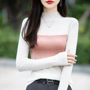 春秋年新款修身半高领针织衫高级感撞色毛衣长袖打底衫女上衣