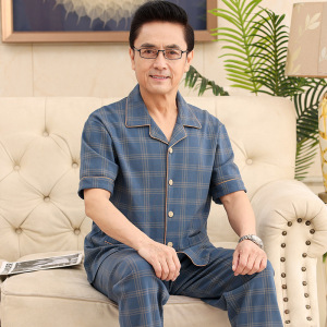 新款睡衣男夏季短袖长裤开衫翻领家居服中老年爸爸可外穿宽松套装