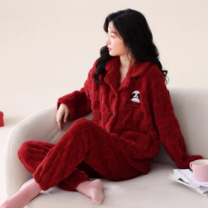 秋冬季睡衣女士法兰绒开衫冬天加厚加绒珊瑚绒大红结婚家居服套装