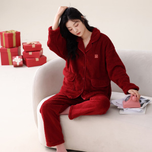 秋冬季睡衣女士法兰绒开衫冬天加厚加绒珊瑚绒大红结婚家居服套装
