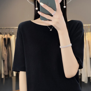夏装上衣女曲珠冰丝亚麻针织短袖女薄款T恤女一字领背心