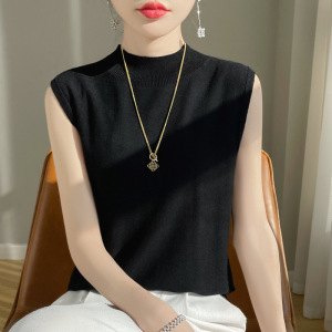 女士一线成衣精纺羊毛半高圆领无袖背心春夏新款显瘦气质内搭上衣