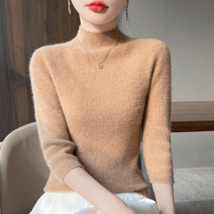 早春新款半高领针织衫短袖女宽松套头内搭毛衣抽条显瘦打底衫