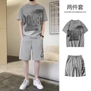 冰丝短袖T恤男士夏季新款韩版青年半袖字母运动休闲套装