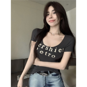 美式复古辣妹字母印花U领短袖T恤女2025夏季新款设计感纯欲风上衣