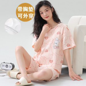 带胸垫棉质睡衣女夏季短袖短裤薄款家居服套装夏天休闲可外穿套装