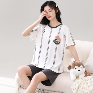 睡衣女士夏季纯棉韩版卡通短袖全棉可爱休闲短裤家居服套装可外穿