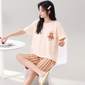 睡衣女士夏季纯棉韩版卡通短袖全棉可爱休闲短裤家居服套装可外穿