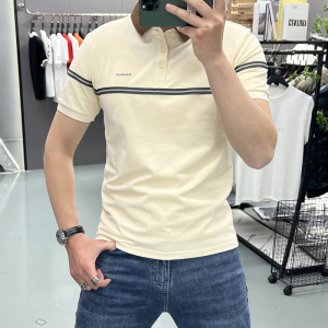 透气男士休闲线条短袖POLO衫夏季翻领翻领半袖上衣带扣潮