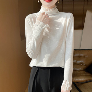 精纺羊毛2025春秋半高领针织衫女内搭新款镂空提花打底衫洋气上衣