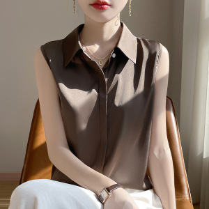 丝绸缎面25夏季新款女装POLO领无袖衬衫短款百搭T恤背心气质上衣