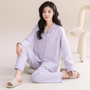 2025情侣纯棉睡衣女士春夏季全棉长袖带胸垫可外穿家居服男款套装