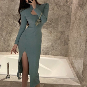 御姐范气质欧美风性感长袖裙子镂空开叉修身显瘦打底连衣裙长裙潮