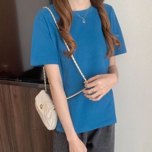 6535棉 韩版纯色复古短袖T恤女新款百搭宽松学生显瘦休闲上衣
