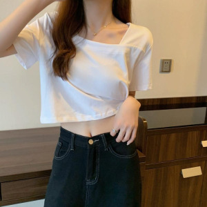 ins设计感方领短袖T恤女夏短款高腰露脐学生宽松上衣女潮