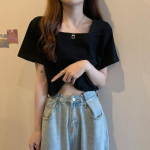 ins设计感方领短袖T恤女夏短款高腰露脐学生宽松上衣女潮
