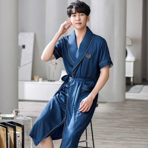 冰丝男士睡袍夏季薄款短袖仿真丝绸睡衣加大码宽松家居服浴袍晨袍