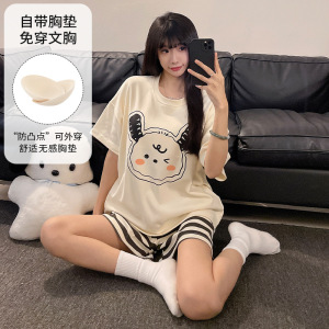 带胸垫夏季仿棉短袖睡衣女韩版卡通休闲宽松甜美家居服套装可外穿