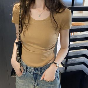 含棉 纯色U领短袖T恤女抽褶不规则设计感夏季新款百搭修身上衣INS
