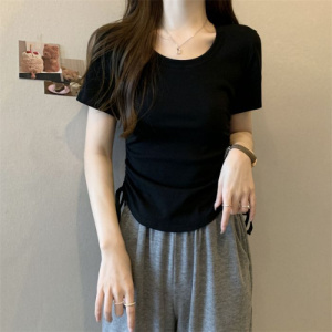 含棉 设计感短袖T恤女新款夏季抽绳短款辣妹纯色圆领上衣ins