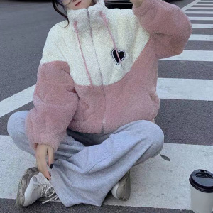 日系撞色拼接棉衣棉服慵懒风女冬季新款设计感宽松加绒加厚外套潮