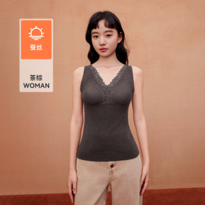 秋冬新款带胸垫保暖背心女可拆胸罩德绒蚕丝V领蕾丝打底马甲