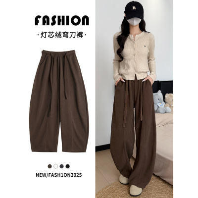 咖色裤女秋冬新款加绒直筒宽松慵懒小个子灯芯绒阔腿裤子