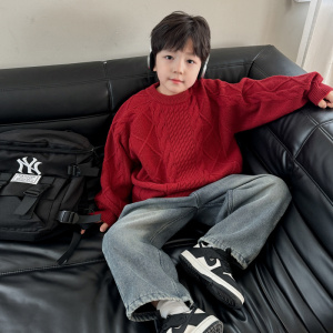童酷男童冬季新款百搭麻花宝宝针织衫纯色圆领加厚儿童毛衣潮