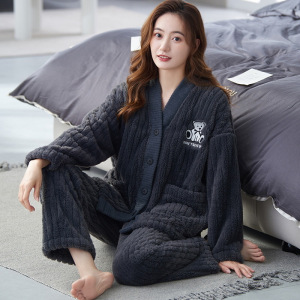 女士睡衣秋冬季珊瑚绒加厚长袖和服甜美宽松保暖绒休闲家居服套装