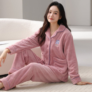 珊瑚绒睡衣女款秋冬季加绒加厚法兰绒冬款女士大码家居服冬天套装