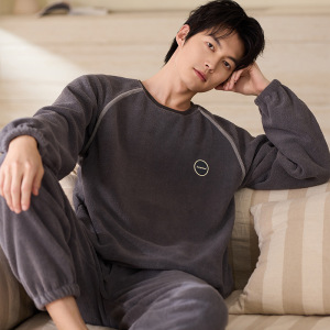 冬季珊瑚绒睡衣男加热保暖家居服套装可外穿圆领套头