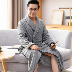 法兰绒睡袍男秋冬加绒加厚冬天中长款加大码保暖珊瑚绒浴袍家居服