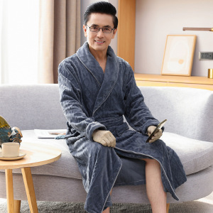 法兰绒睡袍男秋冬加绒加厚冬天中长款加大码保暖珊瑚绒浴袍家居服
