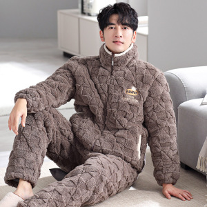 睡衣男冬季加绒加厚三层夹棉法兰绒家居服套装珊瑚绒保暖外穿冬款
