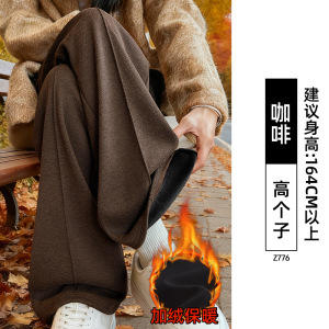 咖色羊毛呢阔腿裤女秋冬加绒新款窄版直筒小个子垂感糯米裤子