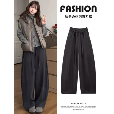 深灰色加绒裤女冬小个子加厚灯芯绒宽松慵懒休闲巨好看阔腿裤_985_918