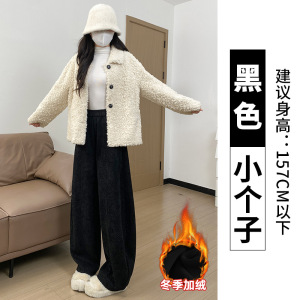 羊羔绒裤子女秋冬季加绒加厚直筒裤毛呢小个子斜纹香蕉阔腿裤_26_364