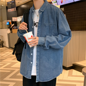 男装春秋衬衫牛仔男士宽松长袖衬衫潮流ins衬衣翻领休闲夹克外套