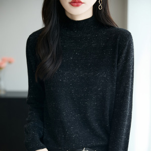秋冬点子纱半高领精纺羊毛女针织打底衫套头宽松显瘦毛衣上衣潮