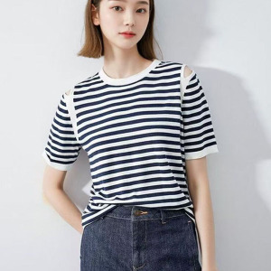 夏季新款圆领冰丝撞色条纹露肩针织短袖T恤女休闲简约宽松打底衫