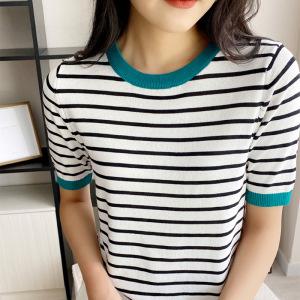 新款韩版天丝针织衫短袖宽松休闲显瘦T恤夏季薄款拼色短袖