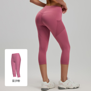 侧口袋七分瑜伽裤女高腰健身房蜜桃提臀健身裤运动紧身裤