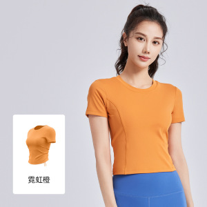 新款抽绳美背褶皱瑜伽服短袖女一体杯带胸垫健身运动上衣
