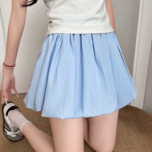 蓝色花苞短裙女夏季高腰a字显瘦防走光裙裤小个子蓬蓬百褶半身裙