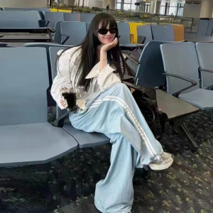 速干运动裤女薄款夏2026新款宽松慵懒风小个子休闲冰丝条纹阔腿裤