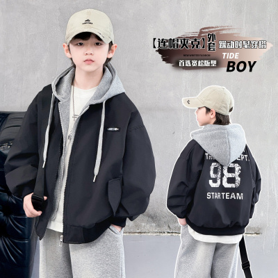 男童春装假两件外套2026新款大儿童装上衣春秋款痞帅风男孩风衣潮