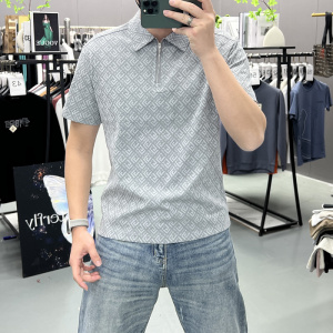 夏季新款休闲男士短袖polo衫时尚轻奢提花透气拉链反领半袖翻领T